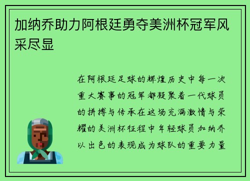 加纳乔助力阿根廷勇夺美洲杯冠军风采尽显 加纳乔助力阿根廷勇夺美洲杯冠军风采尽显
